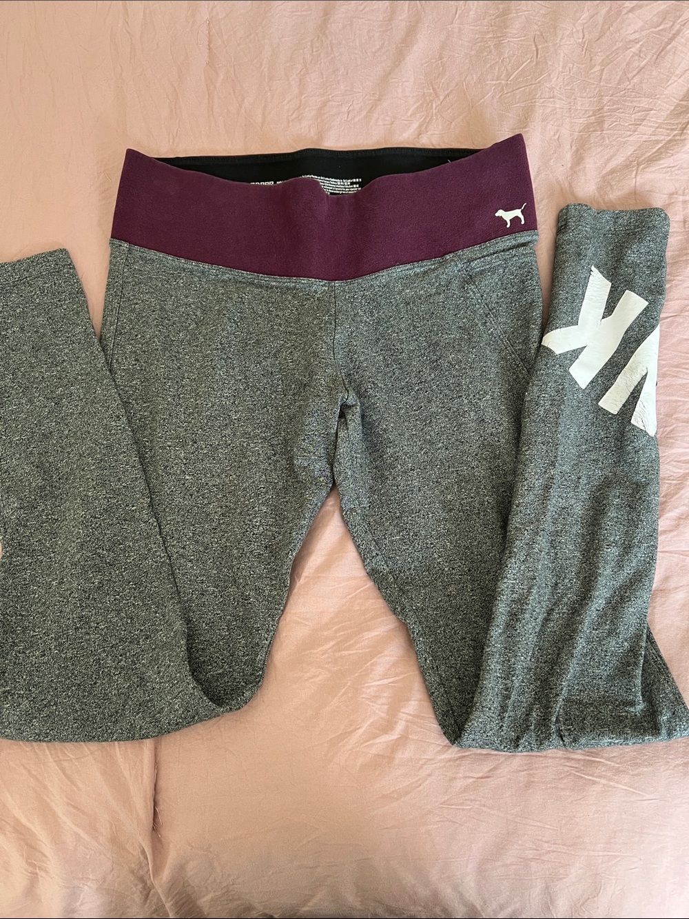 PINK Victoria's Secret Gray Leggings with Plum Waistband and White Logo